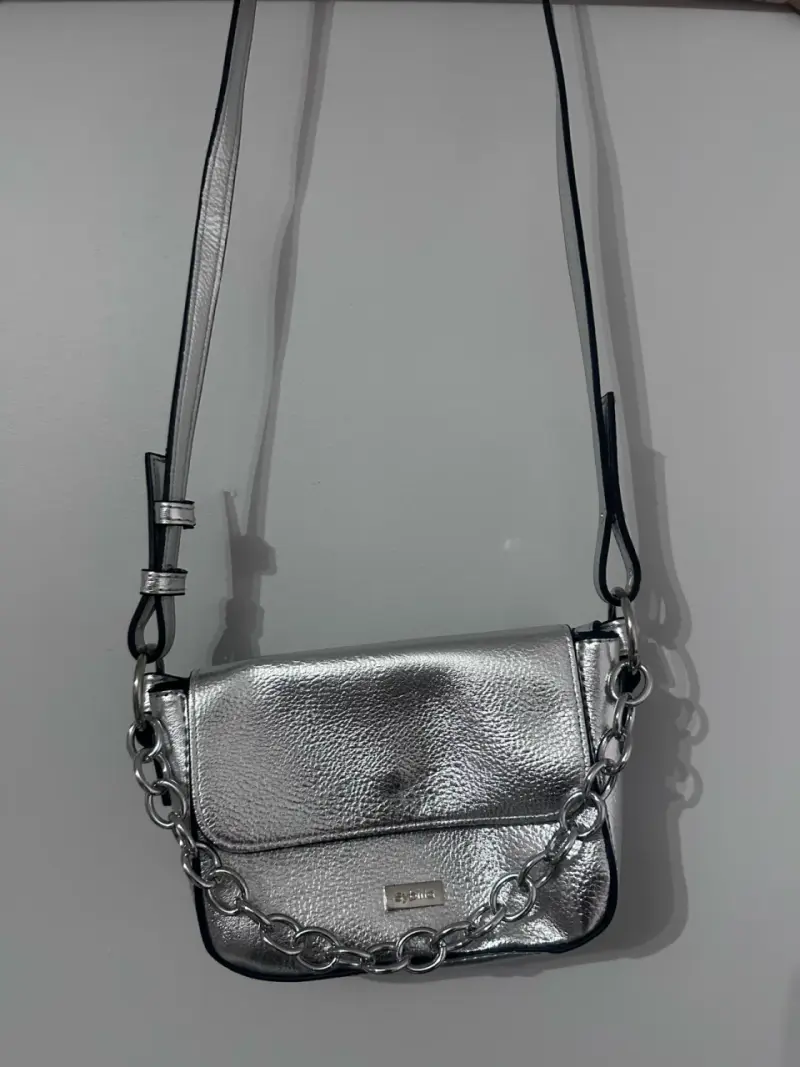 Cartera plateada con cadena