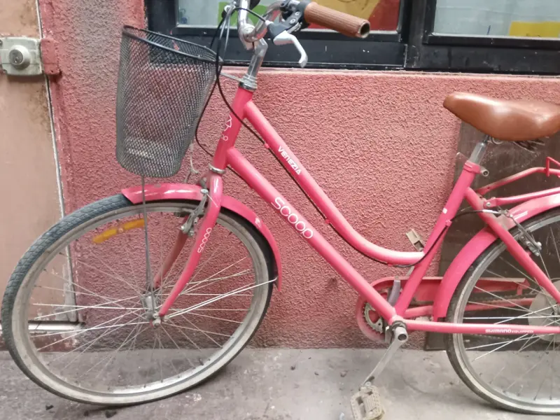 Bicicleta urbana rosada con canasto