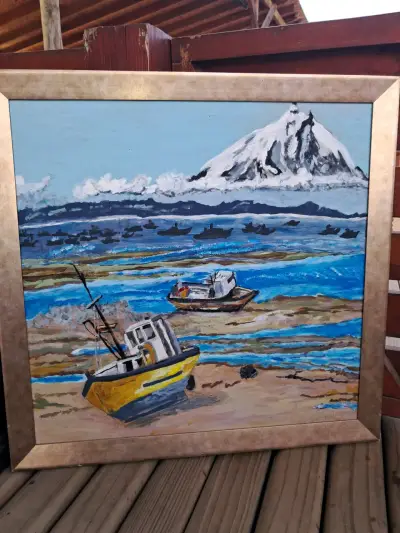 Cuadro paisaje con barcos y montaña - miniatura 1