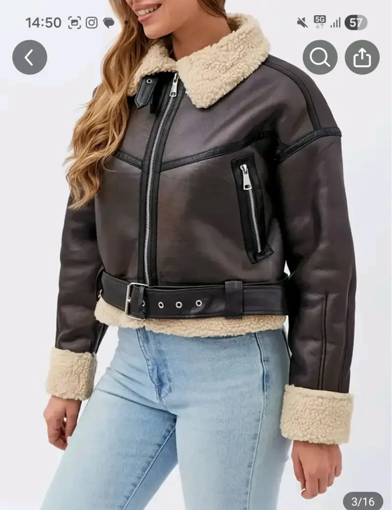 Chaqueta de cuero marrón con borrego - 2