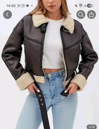 Chaqueta de cuero marrón con borrego - miniatura 3