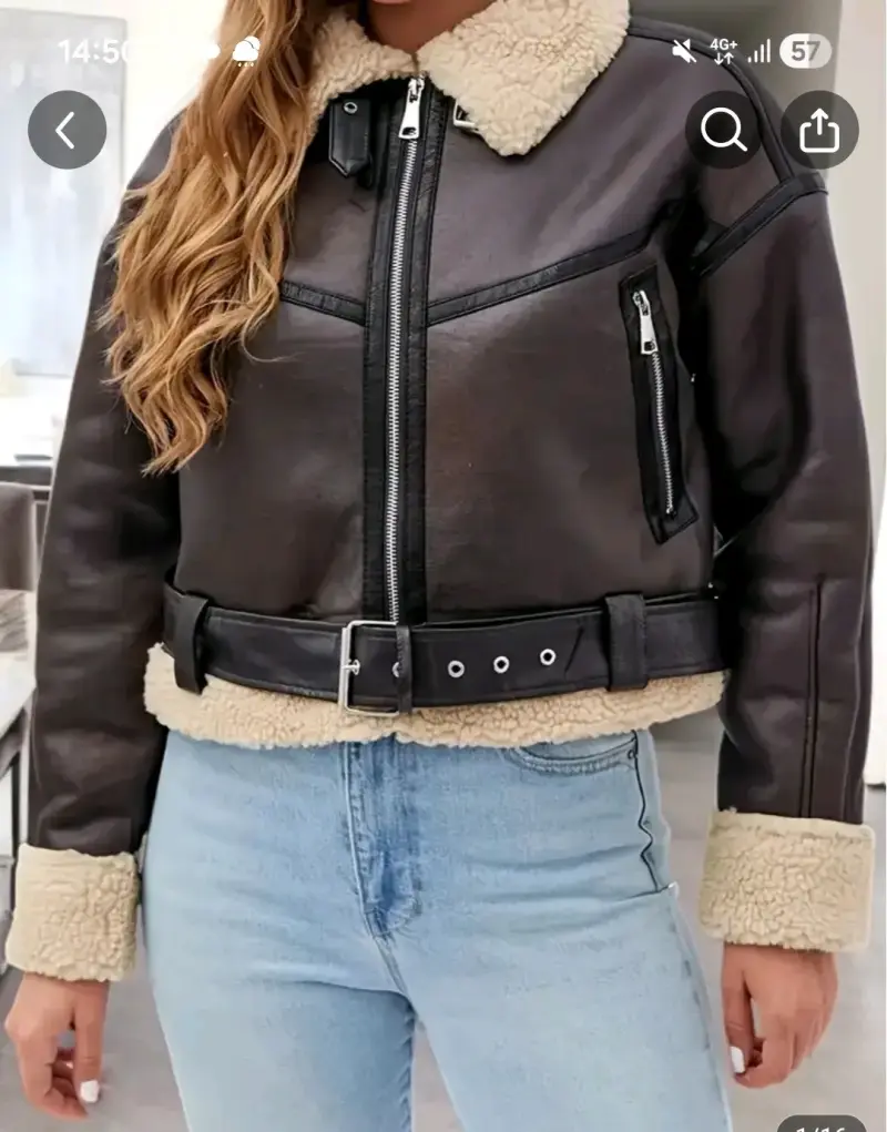 Chaqueta de cuero marrón con borrego - 4
