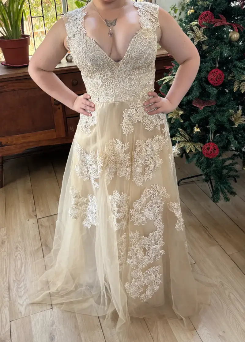 Vestido novia elegante de encaje beige - 1