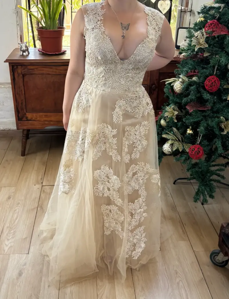 Vestido novia elegante de encaje beige - 3