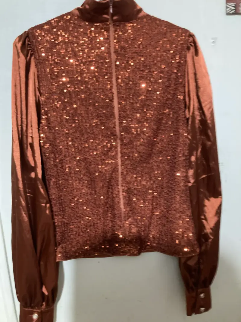 Blusa de lentejuelas y satin marrón - 5