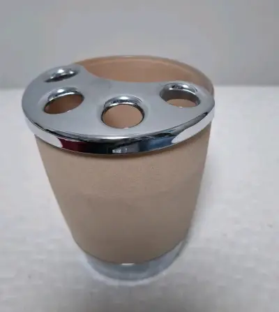 Portacepillos de baño beige y plateado - miniatura 1