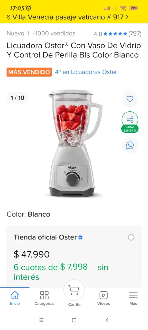 Licuadora Oster blanca con vaso de vidrio
