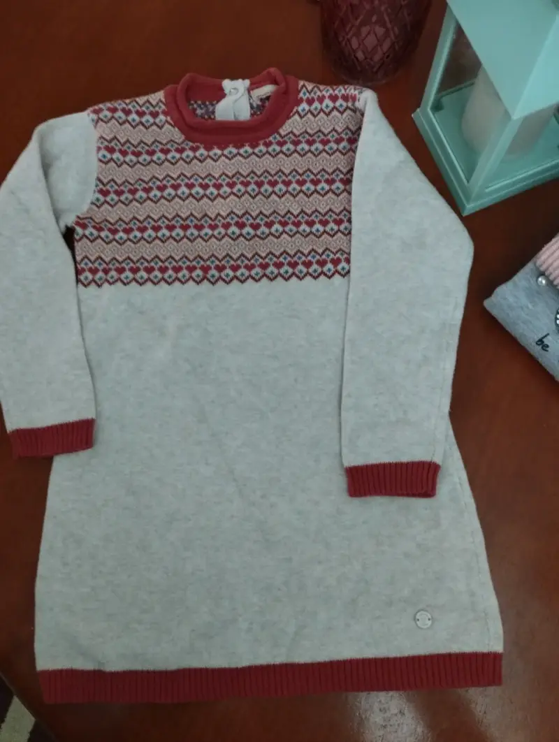 Vestido tejido niña beige y rojo - 1