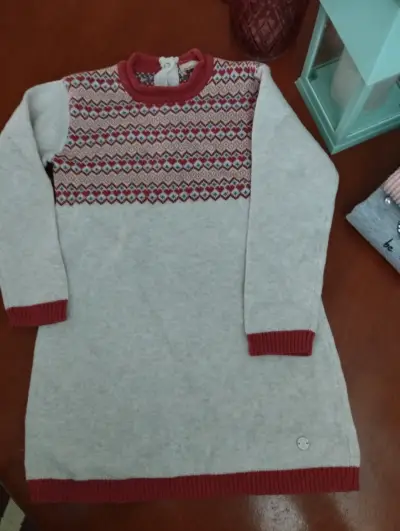 Vestido tejido niña beige y rojo - miniatura 1