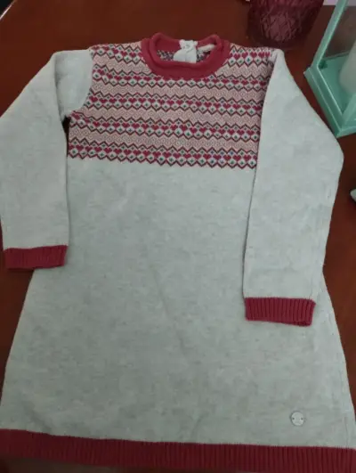Vestido tejido niña beige y rojo - miniatura 2