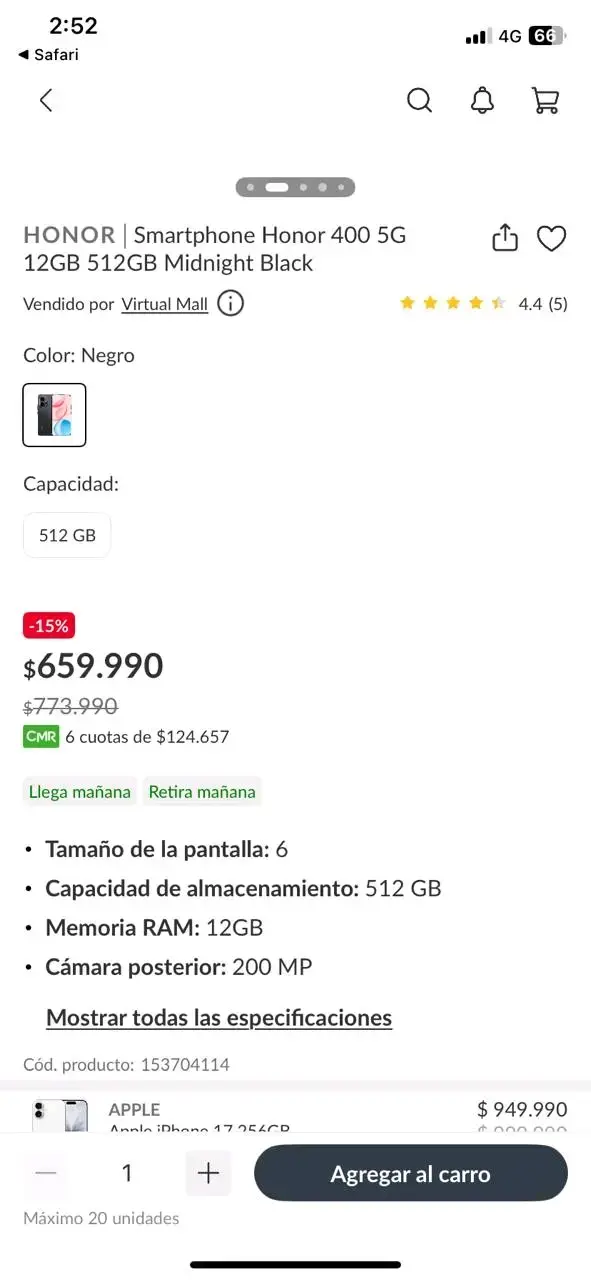 Smartphone Honor 400 negro seminuevo - 3