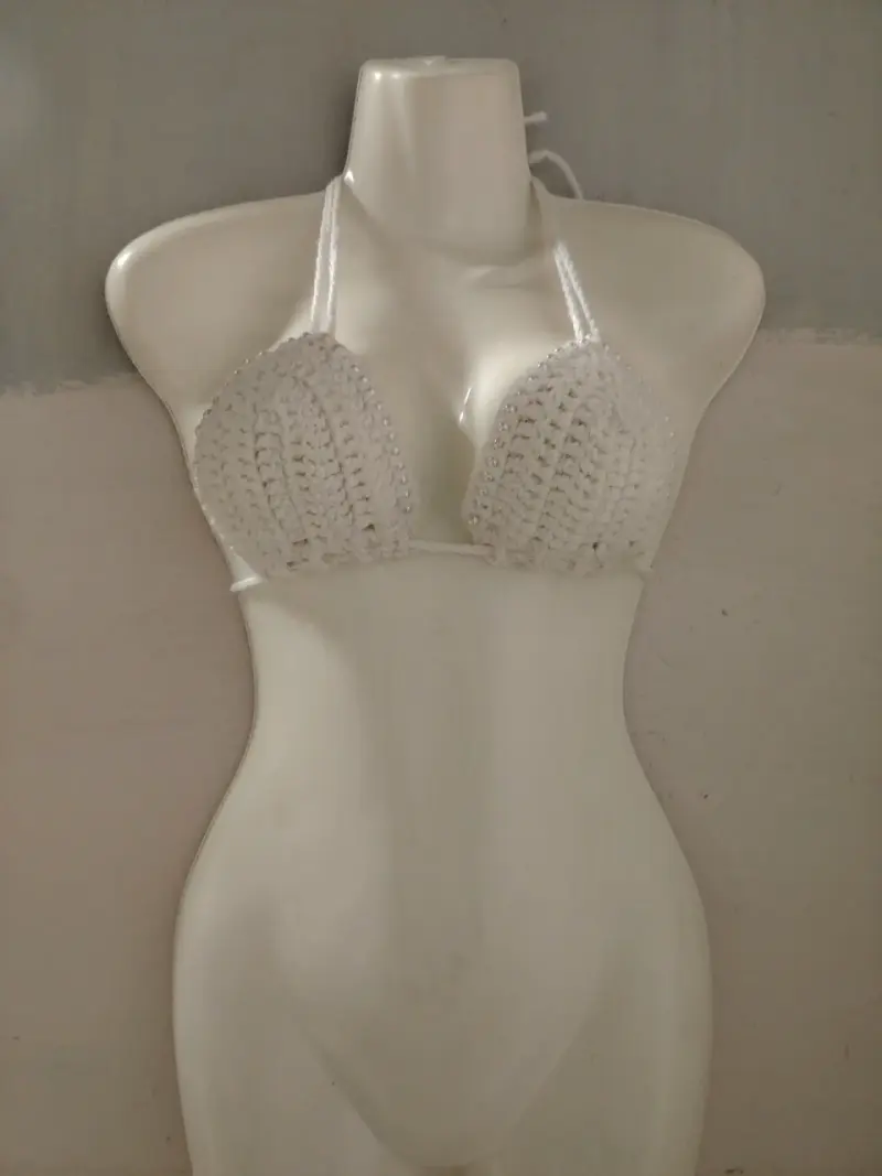 Top crochet blanco con cuentas perlitas - 4