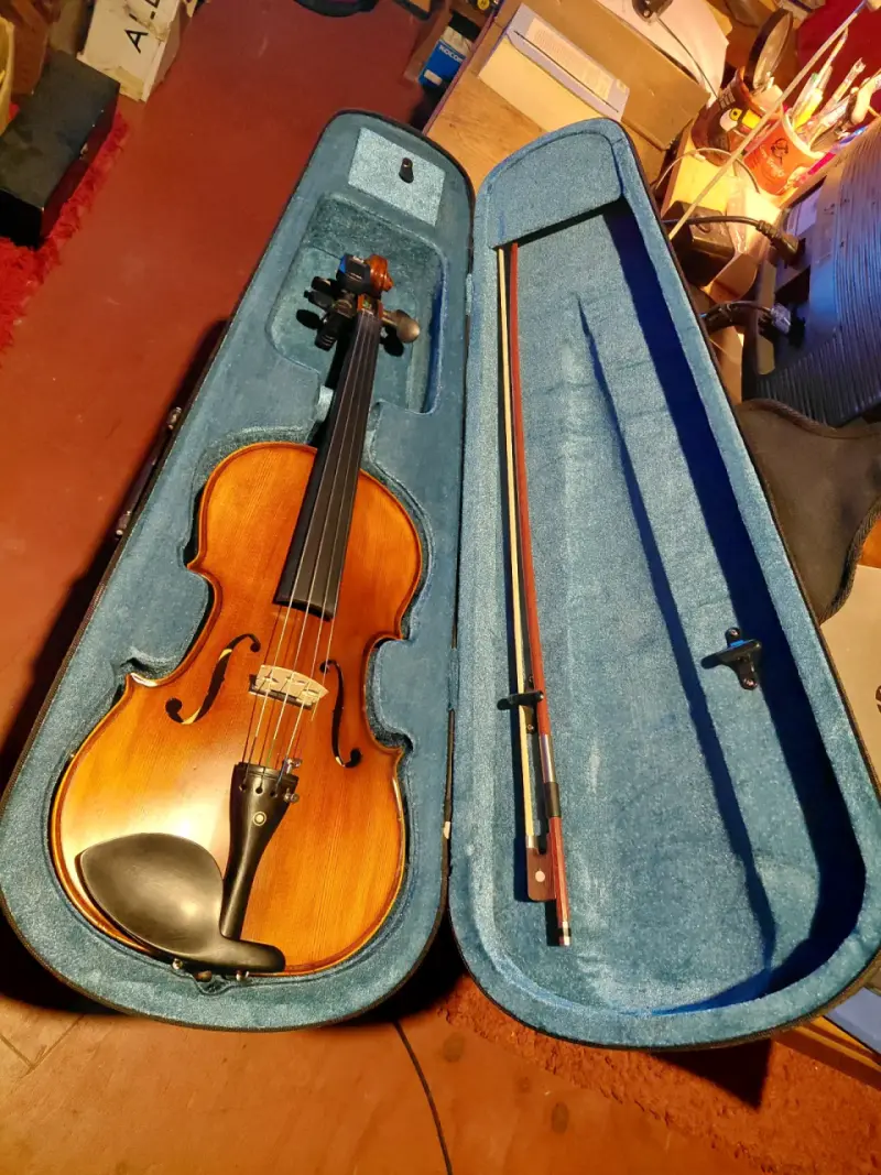 Viola elecreoacústica con estuche azul.