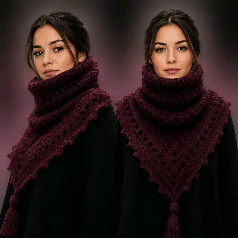 Mini poncho con cuello burdeo tejido a crochet - 5