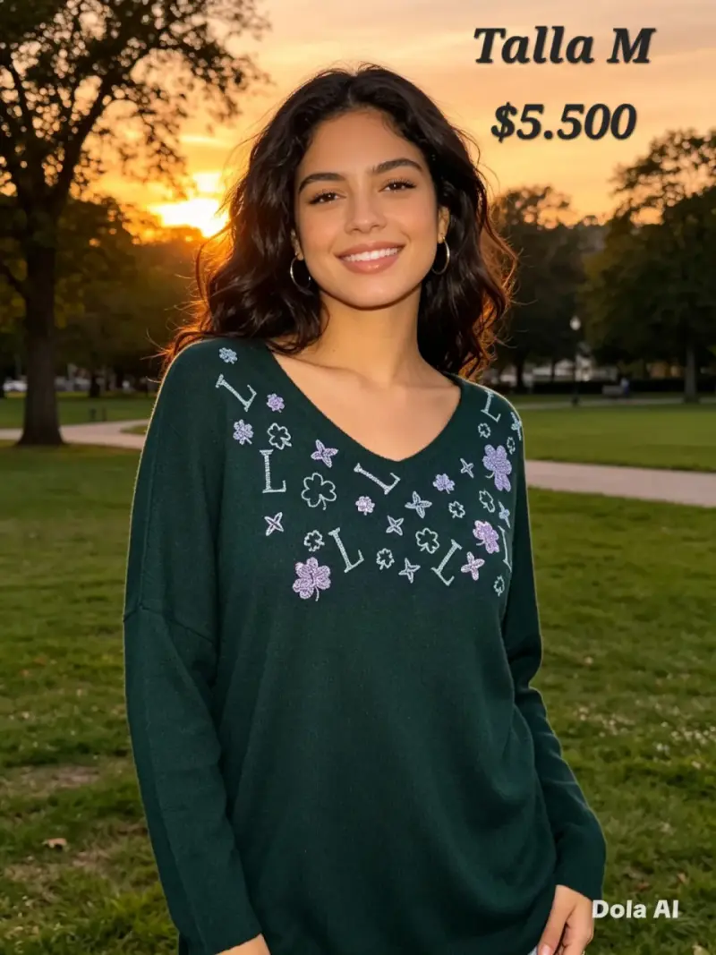 Suéter verde con bordado floral