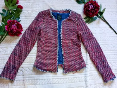 Chaqueta de tweed burdeo y azul - miniatura 1