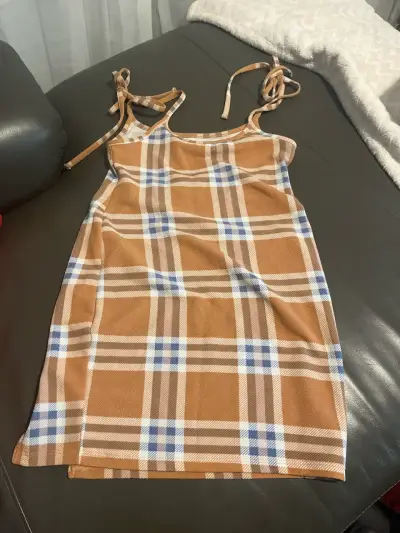 Vestido vintage cuadros marrón azul - miniatura 1