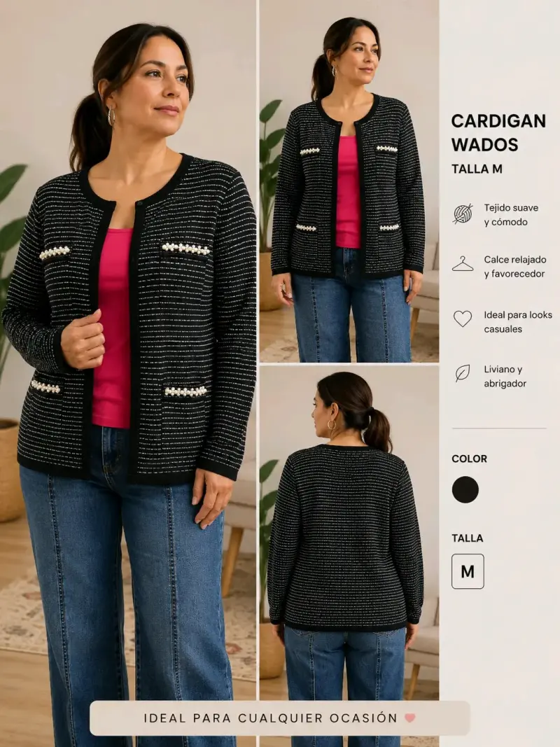 Cardigan negro con detalles blancos