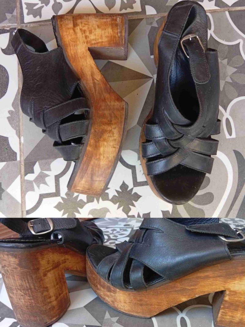 Sandalias negras de madera y cuero 37.5