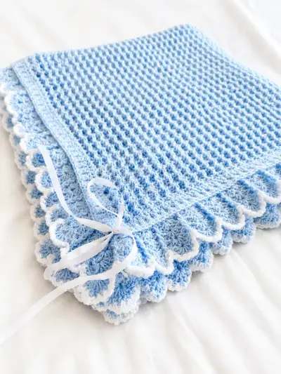 Manta de bebé tejida azul y blanca - miniatura 1