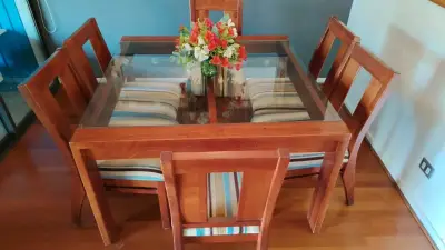 Mesa de comedor vidrio y madera seis personas - miniatura 1