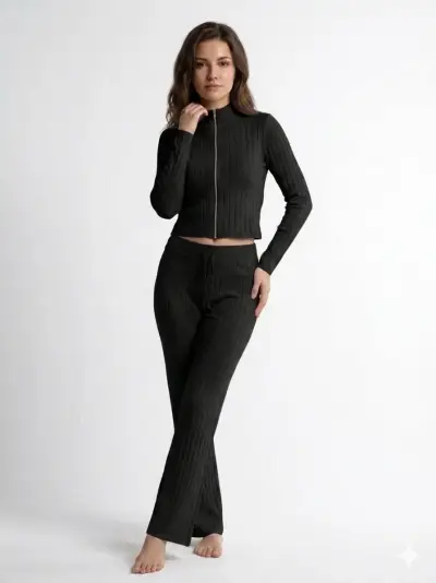 Conjunto negro acanalado mujer - miniatura 1