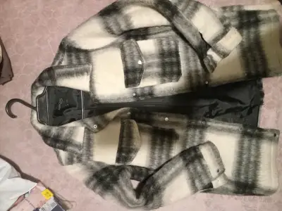 Chaqueta de lana tipo alpaca a cuadros gris - miniatura 1