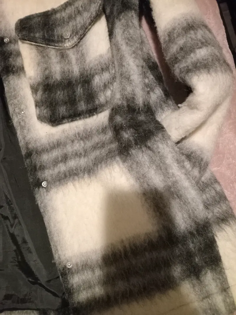 Chaqueta de lana tipo alpaca a cuadros gris - 5