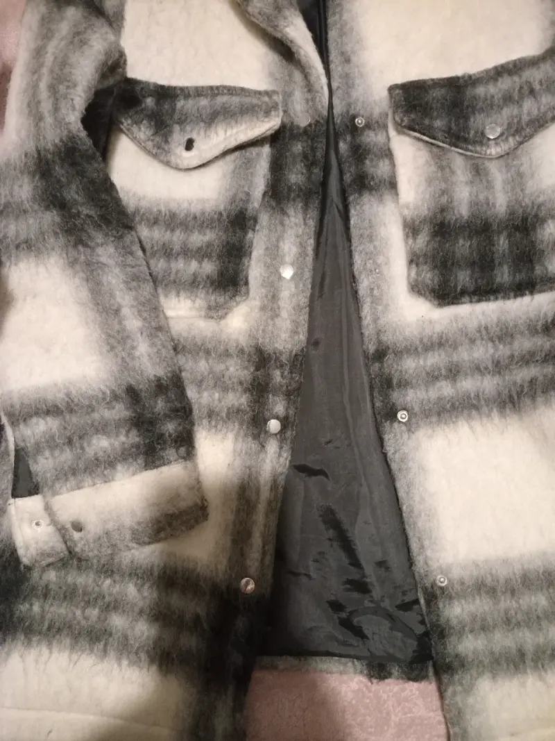 Chaqueta de lana tipo alpaca a cuadros gris - 6