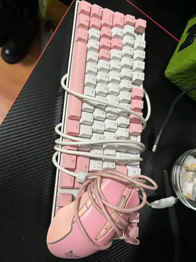 Teclado y mouse rosa blanco