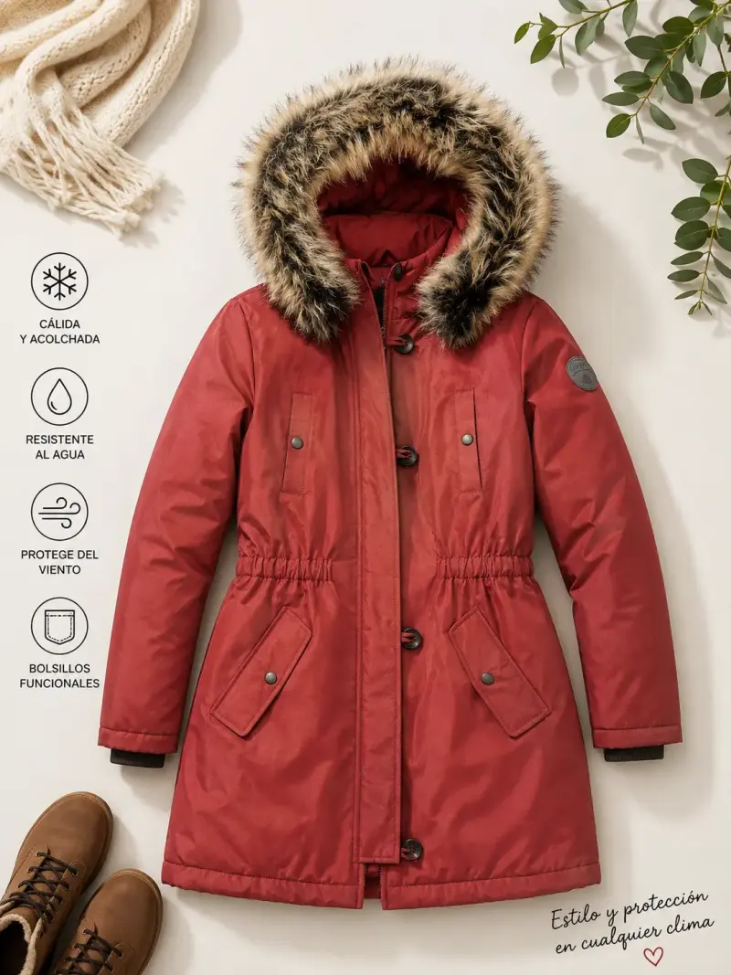 Parka roja con capucha de piel