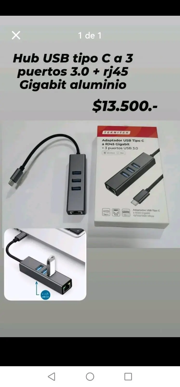 Hub USB tipo C  3 puertos USB 3.0 y  RJ45 gigabit