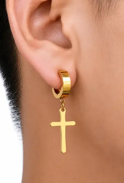 Pendientes/aretes dorados cruz sin perforación - miniatura 4
