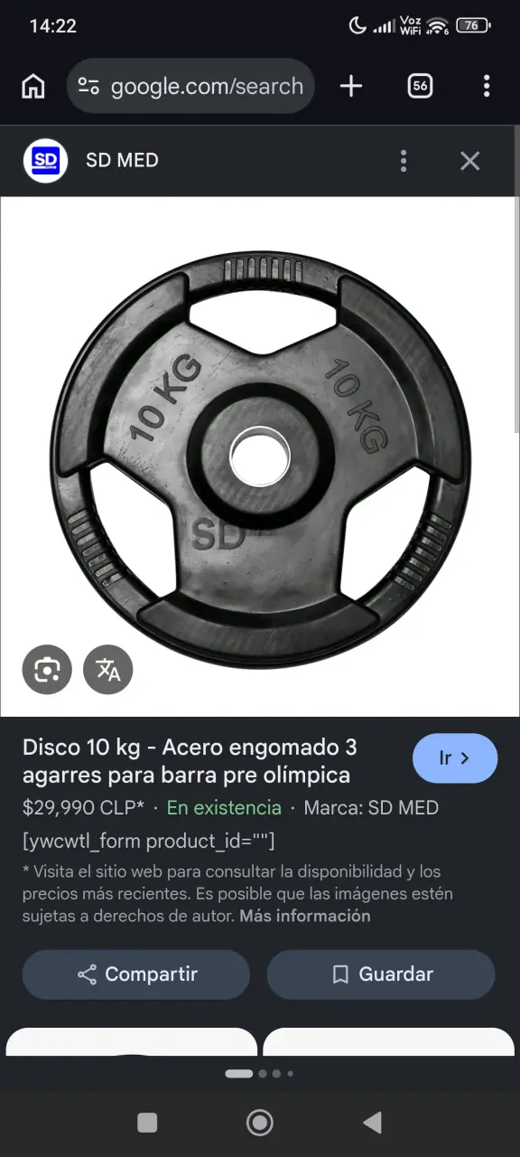 Disco de pesas 10 kg goma 2 discos