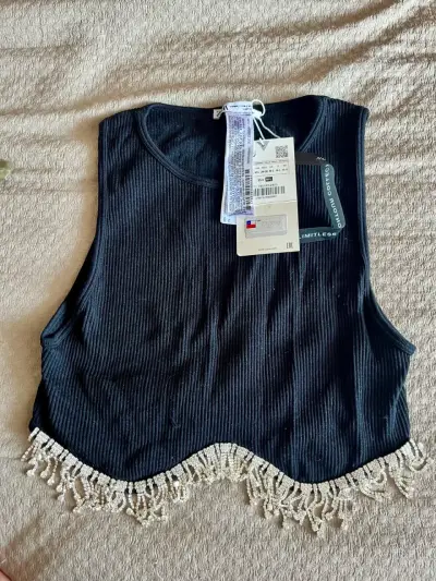 Top negro Zara con flecos - miniatura 2