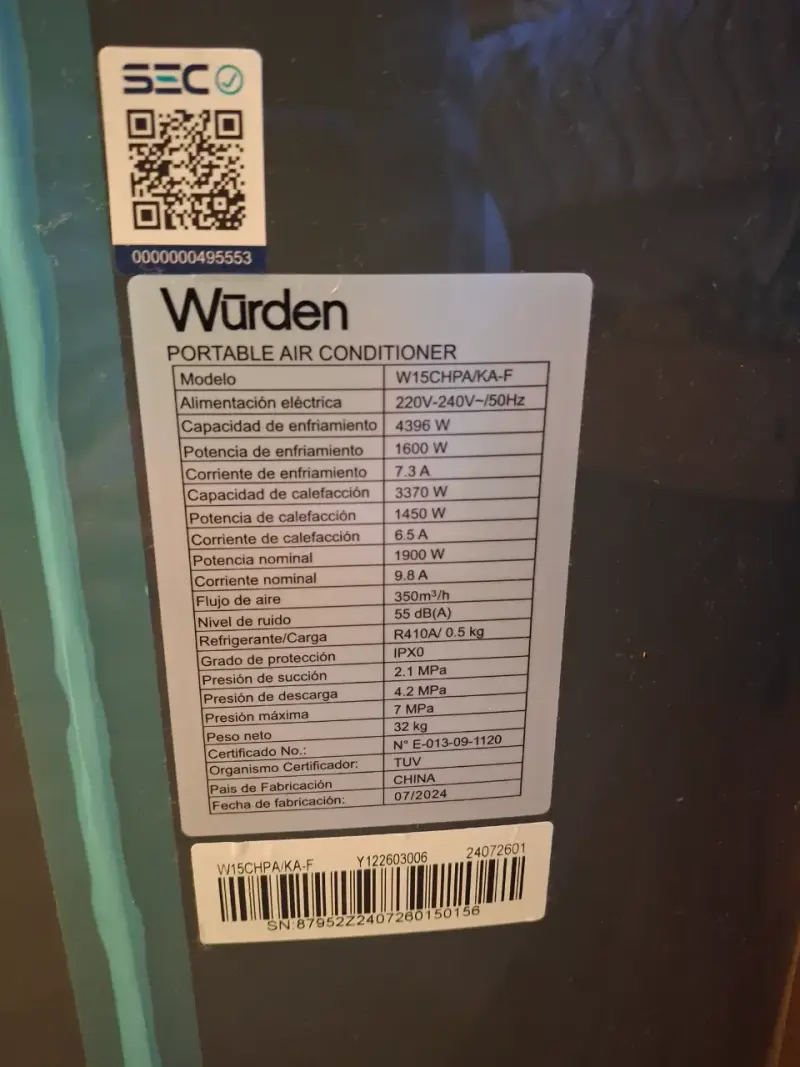 Aire acondicionado portátil Würden 15.000BTU - 3