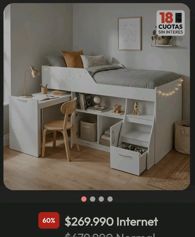 Cama alta con escritorio y estantes - 1