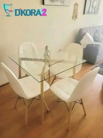 Juego de comedor vidrio y sillas blancas - miniatura 1