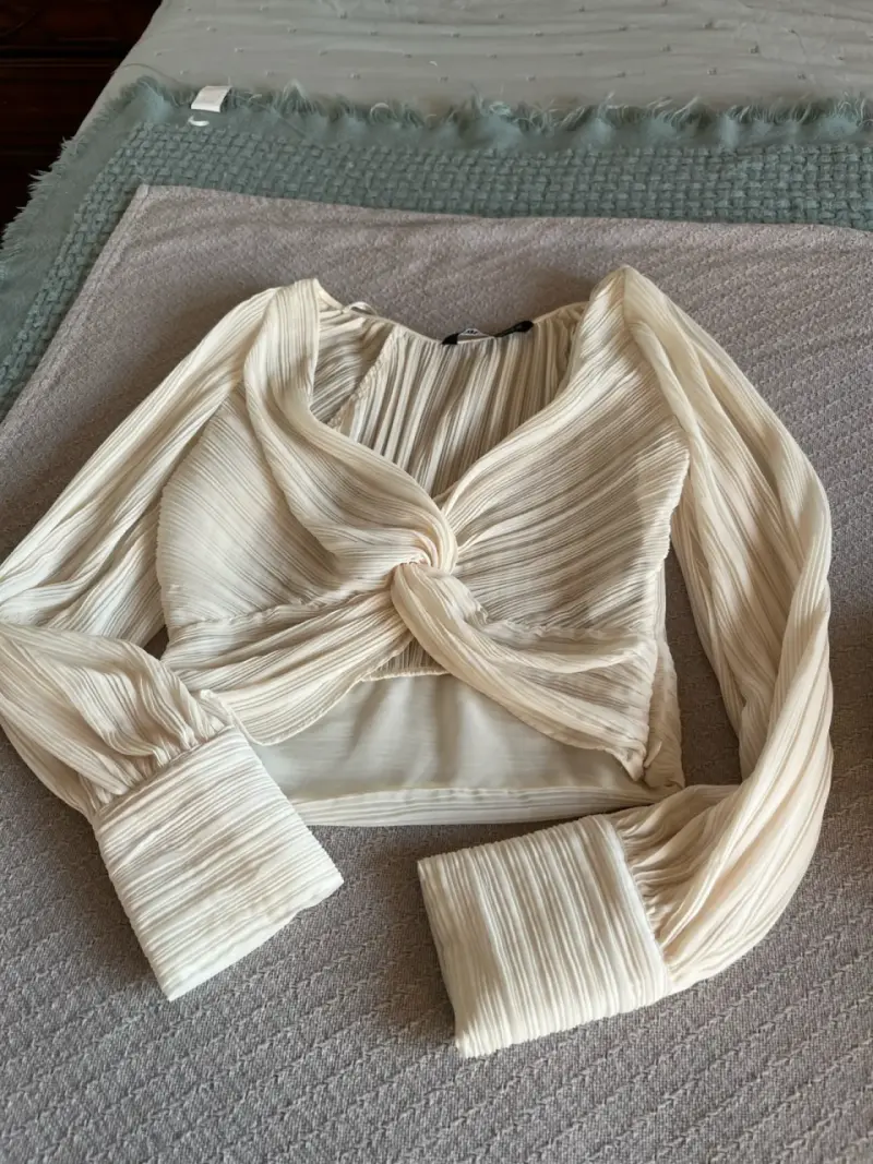 Blusa beige plisada manga larga - 1