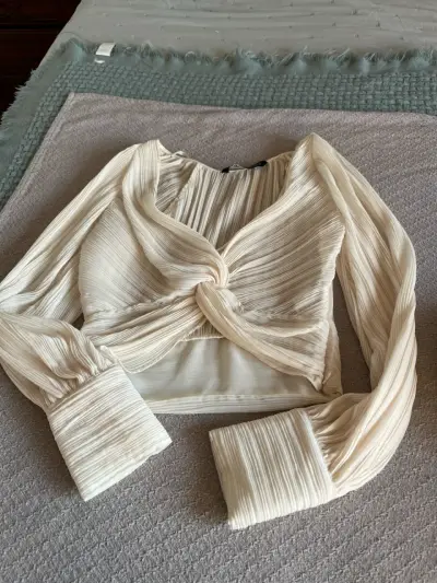 Blusa beige plisada manga larga - miniatura 1