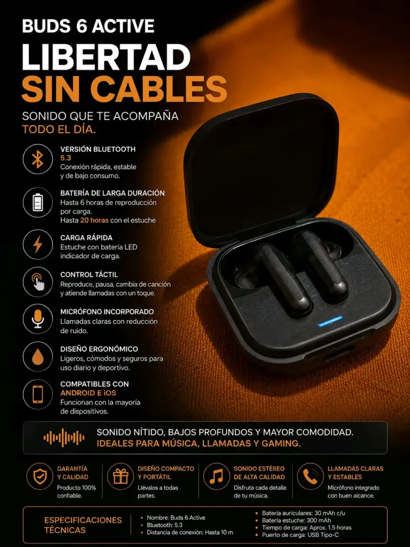 🔥 Audífonos Inalámbricos Buds 6 Active Bluetooth 5 - 1