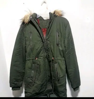 Chaqueta verde mujer con capucha de piel talla L - miniatura 1