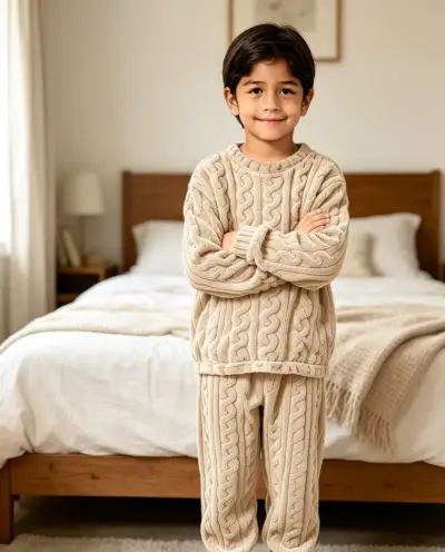 Pijama texturizado beige de niños talla 10 - miniatura 3