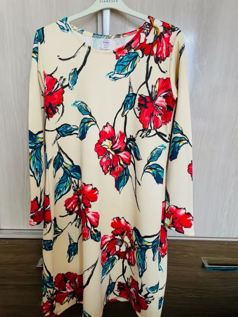 Vestido floral beige y rojo manga larga talla S-M - 1