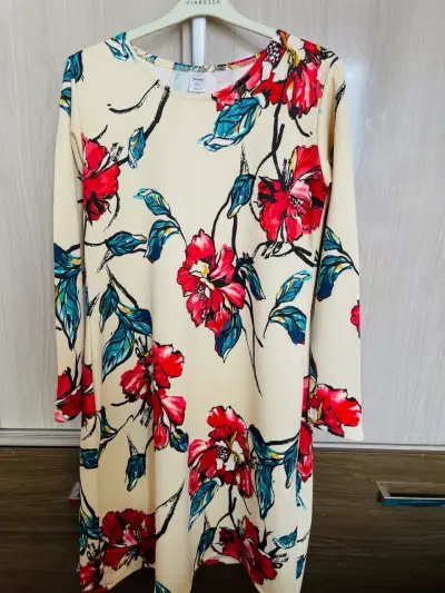 Vestido floral beige y rojo manga larga talla S-M - miniatura 1
