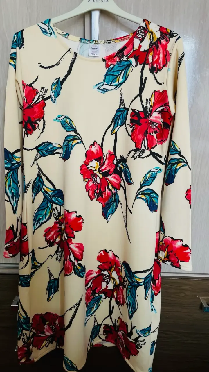 Vestido floral beige y rojo manga larga talla S-M - 2