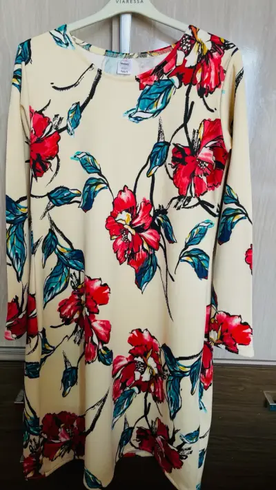 Vestido floral beige y rojo manga larga talla S-M - miniatura 2