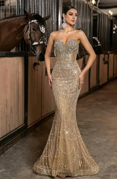 Vestido de gala dorado con brillos - miniatura 1