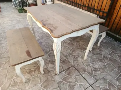 Mesa de comedor rústica con bancas - miniatura 3