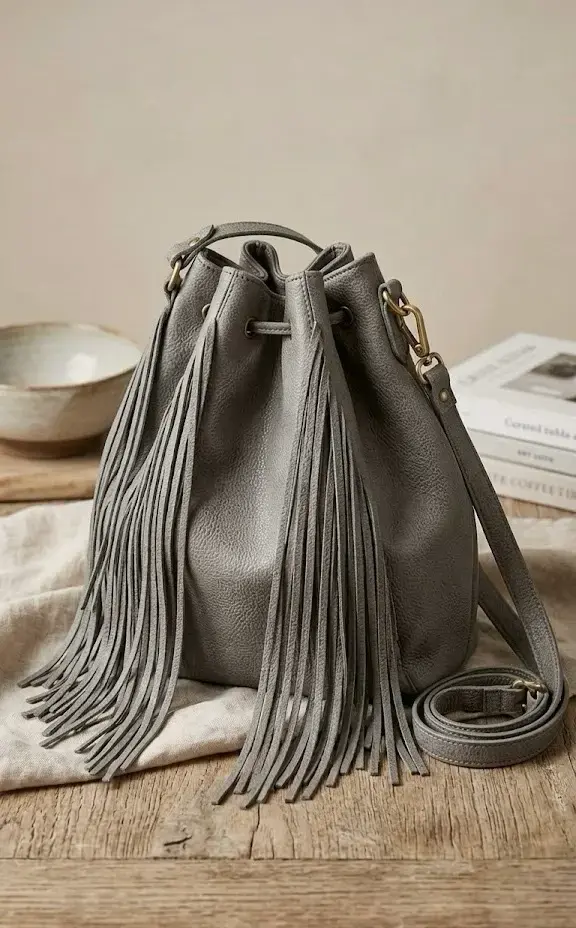 Bolso gris con flecos umbrale